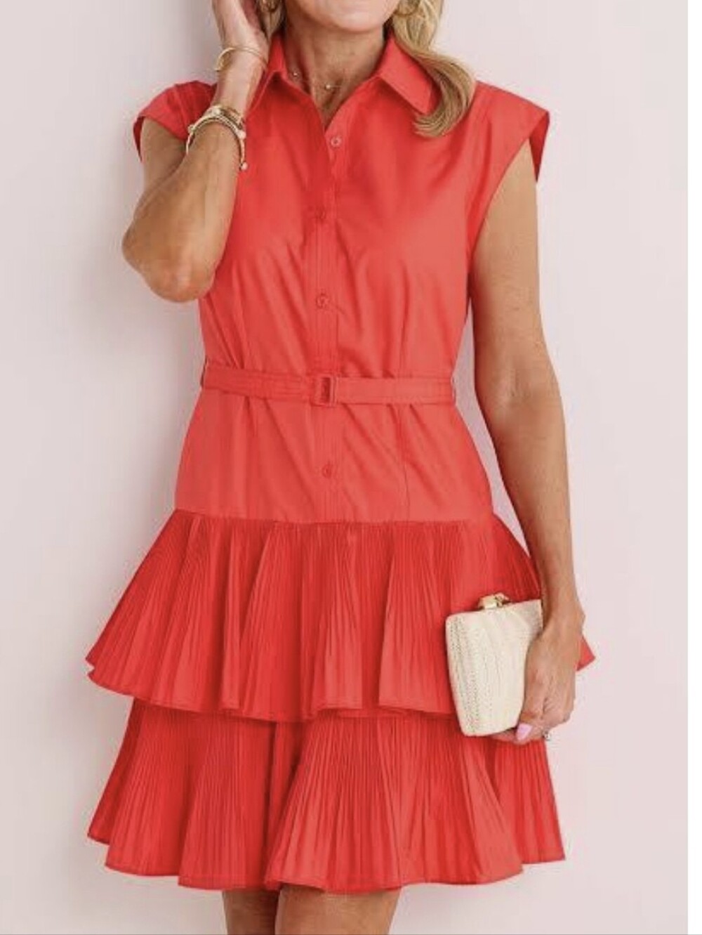 AVARA Current Air Coral Red Tiered Belted Mini Dress